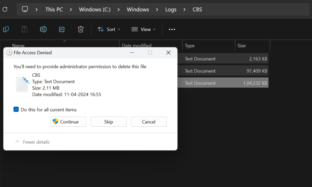 Delete CBS logs to fix Error 0x800f0954